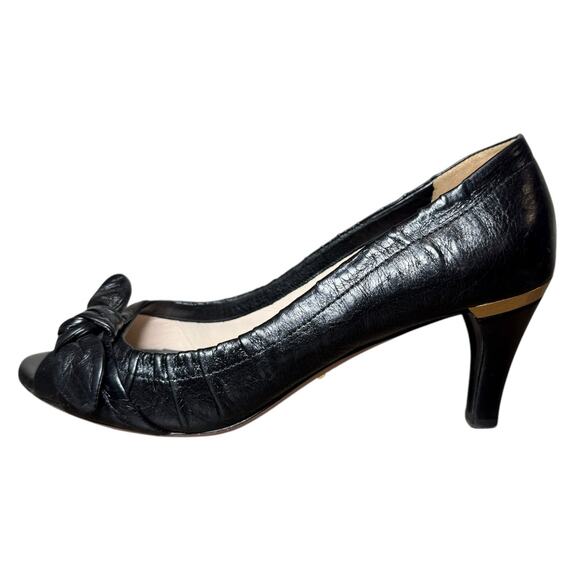 PRADA Peep Toe Heels Women‎ 37.5 Black Leather Classic Luxury Vintage Pinup Logo - Picture 1 of 16